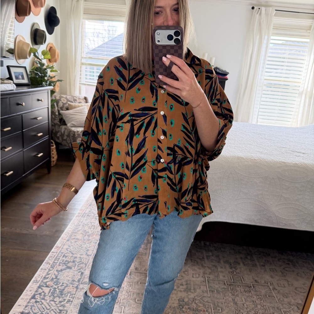 Entro Brown and Green Leaf Print Blouse